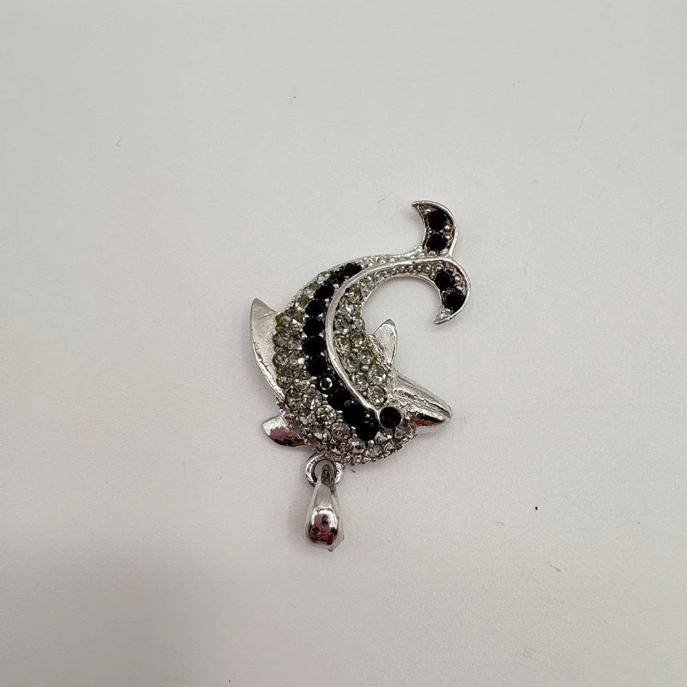 Vintage‎ Dolphin Pendant Silver Tone With Black And Clear Rhinestones
